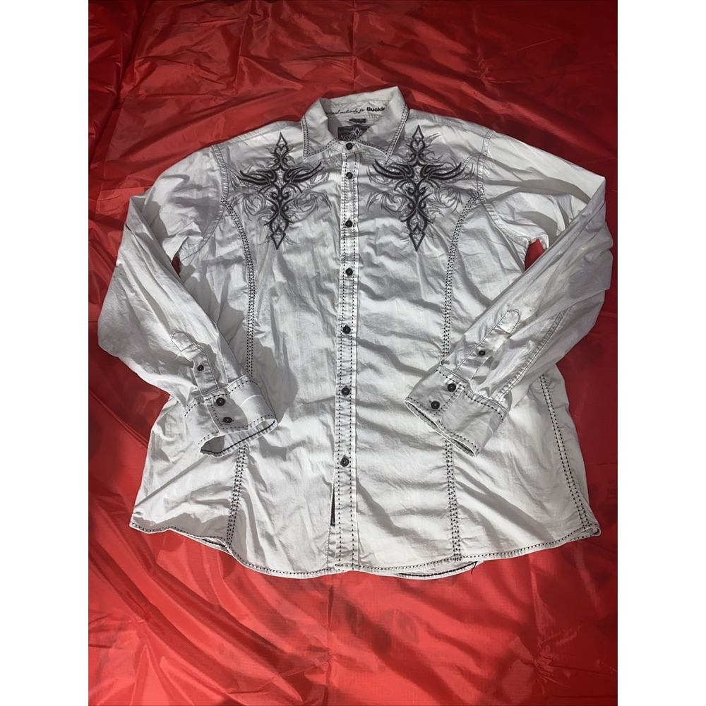 Roar Signature Button Down Shirt Mens XXL Gray Embroidered Distressed Y2K